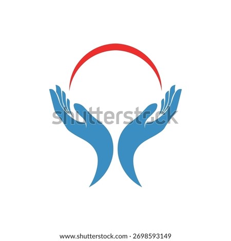 A minimalist graphic featuring two stylized blue hands reaching upwards, cupping a vibrant red arc above them, symbolizing protection, care, and support against a clean white backdrop.