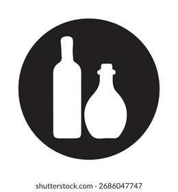 Un gráfico minimalista con dos siluetas de botella blancas, una alta y esbelta, la otra corta y redonda, dentro de un marco circular oscuro.