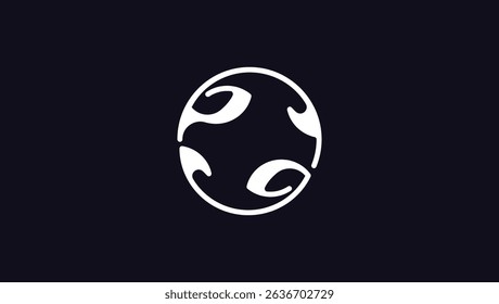 A minimalist graphic featuring a white circular design on a dark background. The circle is reminiscent of a planet or globe, with stylized abstract shapes suggesting continents or landmasses.