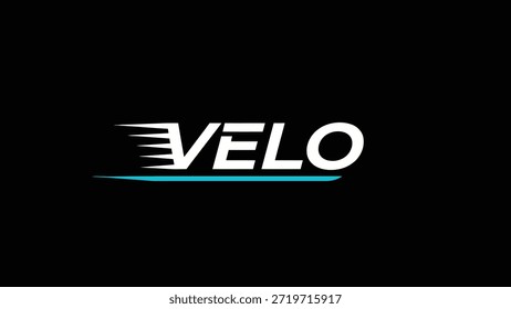 Eine minimalistische Grafik mit dem weißen Wort VELO mit abstrakten Geschwindigkeitslinien, unterstrichen durch eine lebendige türkise Linie auf einfarbigem schwarzem Hintergrund.