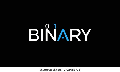 Un gráfico minimalista con la palabra BINARIO en blanco y azul sobre un fondo negro. Las letras '0' y '1' se incorporan sutilmente