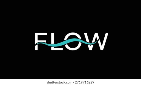 Um gráfico minimalista com a palavra "FLUXO" em negrito branco sans-serif frente a um fundo preto. Fluxos gráficos de onda turquesa estilizada