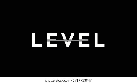 Gráfico minimalista con la palabra LEVEL en negrita fuente sans-serif blanco sobre un fondo negro sólido. Una delgada línea Horizontal gris se biseca