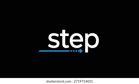 Eine minimalistische Grafik mit dem Wort "step" in weiß, serifenlose Schrift auf schwarzem Hintergrund. Ein blauer, gestrichelter Pfeil erstreckt sich von unten