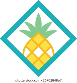 Um gráfico minimalista com um abacaxi amarelo com folhas verdes dentro de uma forma de diamante azul-petróleo sobre um fundo branco.