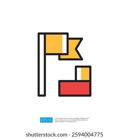 Minimalist Graphic of Flags in Yellow and Red on a White Background and Design with Abstract Shapes and Symbols