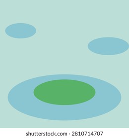 Minimalist graphic of green lily pad floating on calm blue water with simple oval shapes in digital illustration