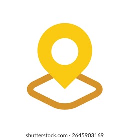 A minimalist, graphic icon dominates the composition, depicting a location marker above a stylized path.