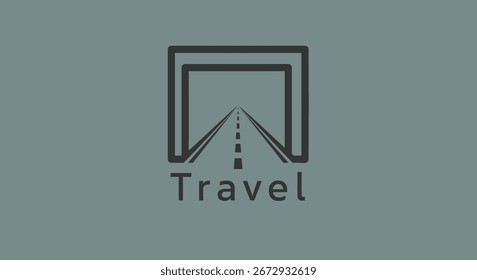 Icono gráfico minimalista que presenta una carretera que conduce a un arco o túnel con la palabra Viaje a continuación