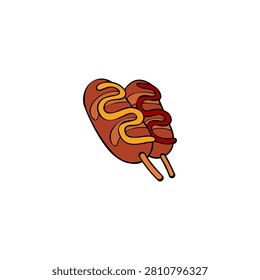 A minimalist graphic icon featuring two corn dogs on sticks, one drizzled with mustard and the other with ketchup.