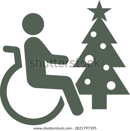 A minimalist graphic icon representing a person in a wheelchair positioned next to a decorated Christmas tree symbolizing inclusivity and holiday cheer for individuals with mobility challenges