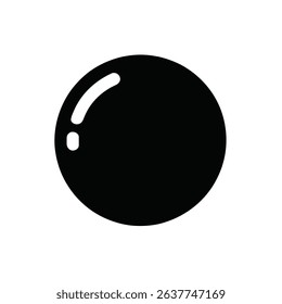 Minimalist graphic icon showing a solid black circle with a bright white glossy highlight on its upper-left side. Isolated against a plain white background.