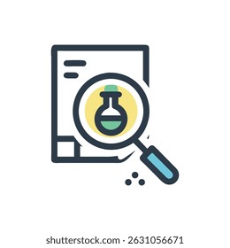 Un gráfico minimalista que ilustra un documento que se examina con una lupa centrada en el análisis químico, renderizado en un estilo plano.