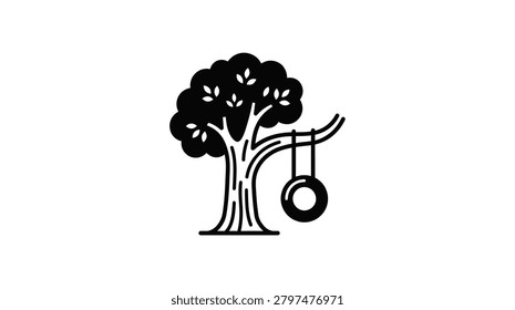 A minimalist graphic illustration of a deciduous tree featuring a hanging tire swing suspended by two ropes from a sturdy branch against a plain background