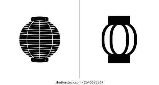 Minimalist graphic illustration features two black lanterns against a bright white background, each with a unique design, showcasing simplistic design elements and shapes.