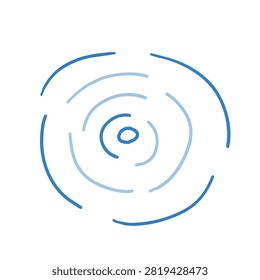 A minimalist graphic illustration featuring concentric circular ripple lines in shades of blue and grey on a white background.