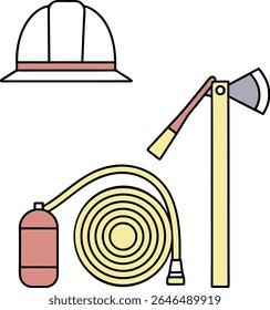 A minimalist graphic illustration featuring firefighter equipment on a white background. The set includes a coiled yellow hose, a red fire extinguisher, a grey axe with a pink handle 