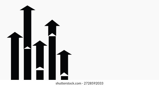 Una ilustración gráfica minimalista con cinco flechas negras de diferentes alturas que apuntan hacia arriba sobre un fondo blanco limpio, que simbolizan el crecimiento, el progreso y el éxito en una imagen clara.