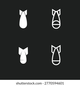 A minimalist graphic illustration featuring four white bomb icons on a dark background. The collection presents both solid filled and outline versions, with some inverted orientations, abstractly representing military ordnance, danger, or strategic warfare.