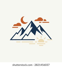 Minimalist graphic illustration featuring stylized mountain peaks and celestial