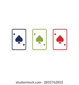 A minimalist graphic illustration featuring three vertical playing cards showing the ace of spades suit in distinct navy blue lime green and bright red outlines