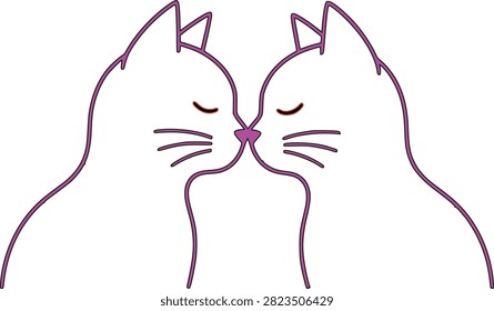 A minimalist graphic illustration featuring two cats kissing, rendered with a vibrant pink neon outline. This charming design is isolated on a white background for easy usage.