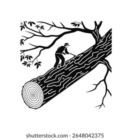 Minimalist Graphic Illustration of a Logger Chopping Wood on a Fallen Tree Log - Forestry, Lumberjack, Nature, Deforestation Vector