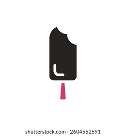 Minimalist graphic illustration of a partially eaten chocolate ice cream popsicle with a pink stick. Perfect for summer themes.