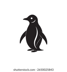 Uma ilustração gráfica minimalista de um pinguim. A silhueta preta apresenta um olho branco e uma sutil linha branca curva sugerindo um sorriso, criando uma aparência amigável.