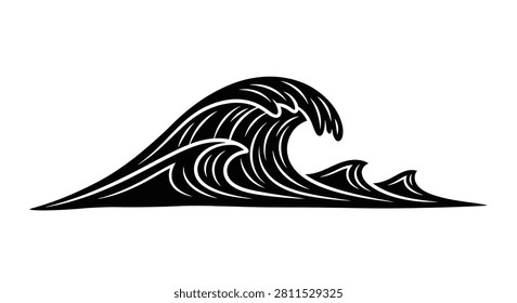 A minimalist graphic illustration of a rolling ocean wave featuring bold lines and high contrast black and white design.