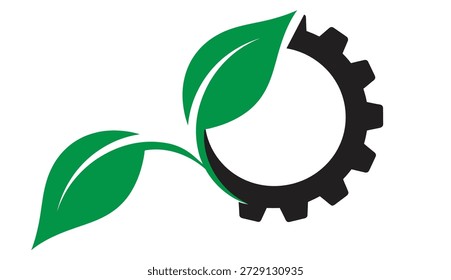 Eine minimalistische grafische Illustration, die zwei lebendige grüne Blätter zeigt, die mit einer dunkelgrauen oder schwarzen industriellen Ausrüstung verflochten sind, die auf unberührtem weißem Hintergrund angeordnet ist. Das größere Blatt ist oben positioniert, während ein kleineres Blatt von unten herrührt, die beide scheinbar aus dem Zahnrad wachsen oder das Zahnrad umgreifen. Dies symbolisiert die wesentliche Integration von Natur und Technologie, die Konzepte wie nachhaltige Entwicklung, umweltfreundliches Engineering, grüne Energie und das harmonische Gleichgewicht zwischen industriellem Fortschritt und ökologischer Verantwortung repräsentiert. Sie vermittelt eine Botschaft der Innovation, die auf eine grünere Zukunft ausgerichtet ist.