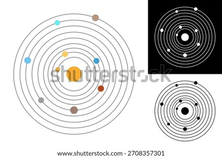 Minimalist graphic illustration of a stylized planetary system with multiple orbiting celestial bodies and a central sun-like star, presented as a clean cosmic model design