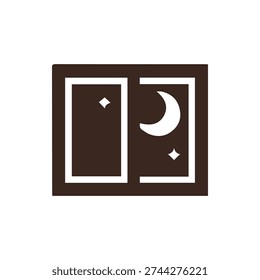 Minimalist graphic illustration of a window frame with a view of the night sky, featuring a crescent moon and stars. Isolated on a white background.