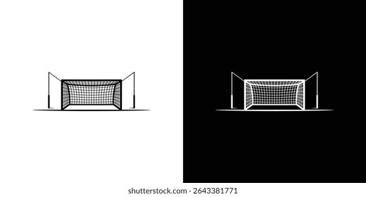 Uma imagem gráfica minimalista exibe dois gols de futebol, um em preto contra um fundo branco e outro em branco contra um fundo preto, proporcionando contraste.