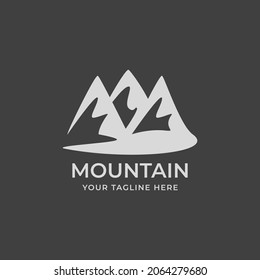 A minimalist graphic logo design features three stylized snow capped mountains on a dark background.