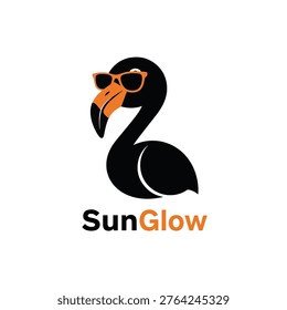 Minimalist graphic logo design of a sleek black flamingo bird wearing vibrant orange sunglasses accompanied by the brand name SunGlow