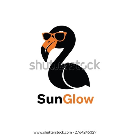 Minimalist graphic logo design of a sleek black flamingo bird wearing vibrant orange sunglasses accompanied by the brand name SunGlow