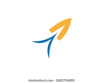 A minimalist graphic logo featuring an abstract upward-pointing arrow formed by orange and blue curved shapes against a white background.