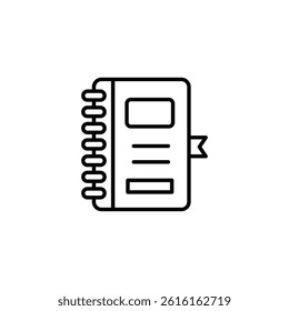 Minimalist graphic notebook outline with spiral binding and bookmark icon