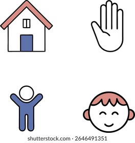 Um gráfico minimalista em um fundo branco apresenta um ícone simples da casa com um telhado rosa e um quadrado azul para o corpo. Abaixo da casa, uma figura de bastão azul com braços estendidos é retratada. 