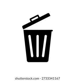 A minimalist graphic of an open trash bin, notable for its distinct black silhouette style.