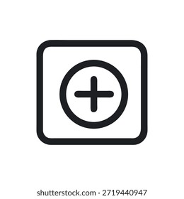 Minimalist graphic with a plus symbol inside a rounded square. The image is flat, clean and suitable for web use.