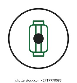 Uma renderização gráfica minimalista exibindo um ícone de lanterna estilizado, caracterizado por suas formas geométricas e um esquema de cores conciso. Encaixado dentro de uma borda circular, o design exala uma sensação de