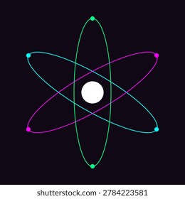 A minimalist graphic representation of an atom featuring vibrant gradient orbits and subatomic particles set against a plain black background.