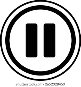 Uma representação gráfica minimalista de um ícone de botão de pausa preto definido dentro de um círculo branco, delimitado por dois anéis concêntricos pretos. Isolado em um fundo branco. EPS-10.
