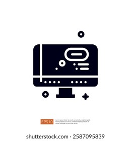 A minimalist graphic representation of a computer monitor, featuring abstract shapes and lines, suggesting a focus on technology and digital interfaces.