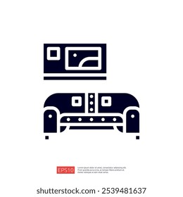 A minimalist graphic representation of a couch with a framed picture above it, illustrating a simple living room setup.
