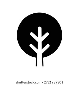 Una representación minimalista y gráfica de un árbol de hoja caduca, con una corona circular negra sólida y una estructura de tronco ramificado blanco, perfecto para logotipos de la naturaleza.