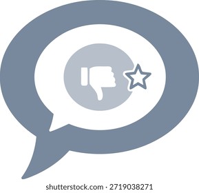 Uma representação gráfica minimalista com um ícone de balão de fala. Dentro do balão de fala, há um símbolo de polegares para baixo ao lado de um símbolo de estrela. As cores primárias usadas são tons de cinza e azul, criando um visual simples, mas impactante, para transmitir feedback negativo ou uma aversão.