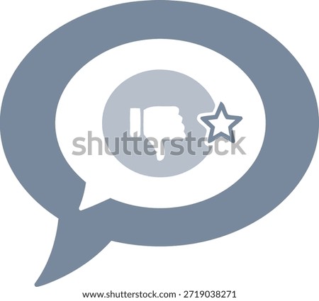 A minimalist graphic representation featuring a speech bubble icon. Inside the speech bubble, there is a thumbs-down symbol alongside a star symbol. The primary colors used are shades of gray and blue, creating a simple yet impactful visual for conveying negative feedback or a dislike.